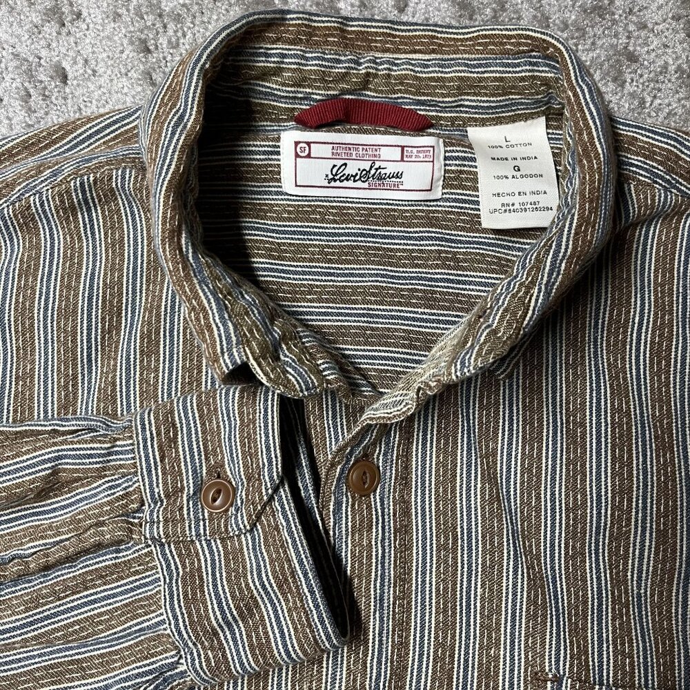 Levis Brown & Blue Striped Button-Up Shirt L 100% Cotton Mens Western Workwear